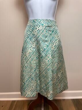 Merona Diagonal Pattern Pleated Skirt 8 Cream Blue Silk
